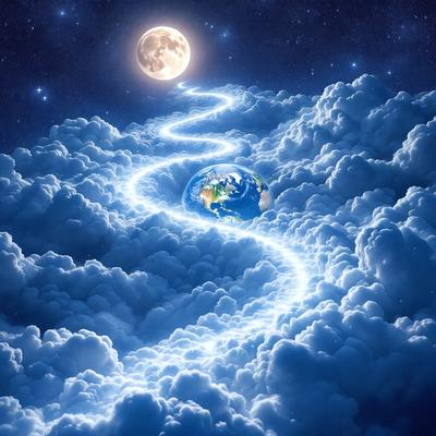 Primary subject: A blue and white spiral pathway leading to a blue and white globe.

Setting/background: The background consists of a blue sky with clouds, and the pathway is set against this backdrop.

Visual style: The image is a digital art piece.

Colors and mood: The colors are predominantly blue and white, creating a serene and calming atmosphere.